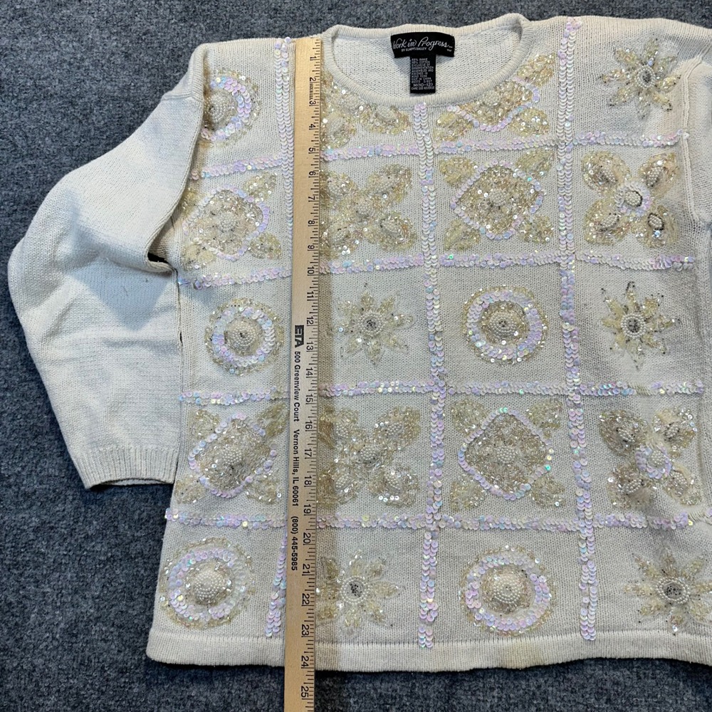 Work in Progress Sweater Women Medium Cream Sequin Beaded Vintage Glam Party - Picture 9 of 15